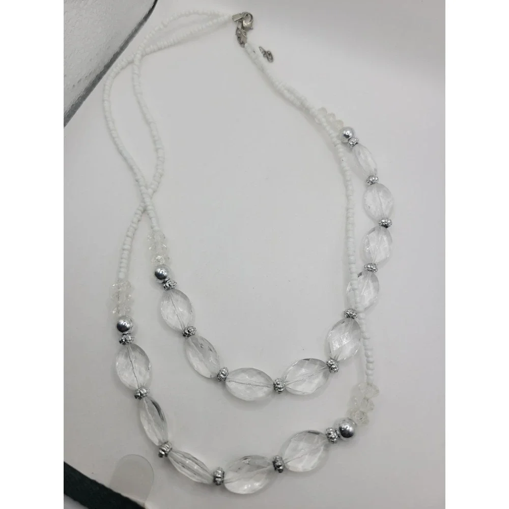 White Clear Double Strand Beaded Necklace Faceted Oval Silver Tone Statement